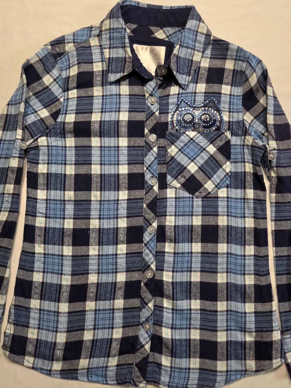 Girls Blue Plaid Button-Up Shirt with Owl Accent. Girls 8